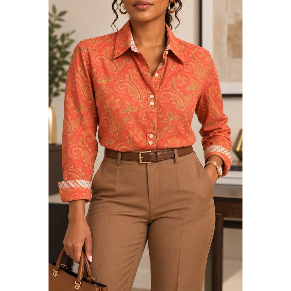 XL 187 Liz Claiborne 100% Cotton Paisley Blouse Western Convertible Cuff Career